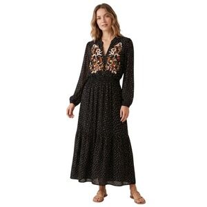 Rusttydustty Women Size XL Boho Polka Dot Floral Embroidered Smocked Maxi Dress
